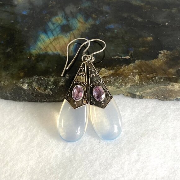 Sterling Silver 925 Oval Bezel Set Amethyst & Opalite Teardrop Dangle Earrings - Picture 5 of 16